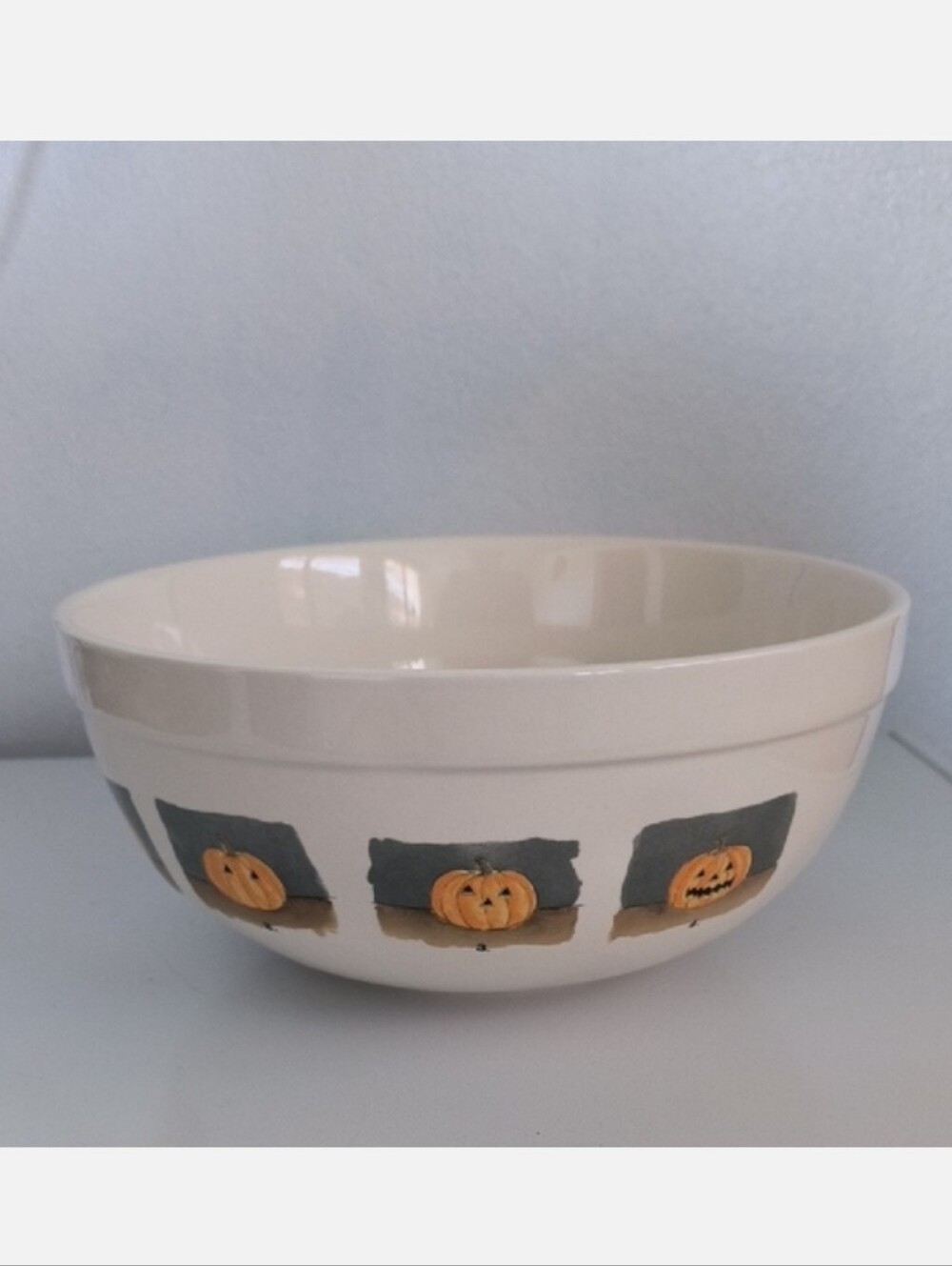 Rae Dunn Cream Ceramic Halloween Serving Bowl with Pumpkin Motif
